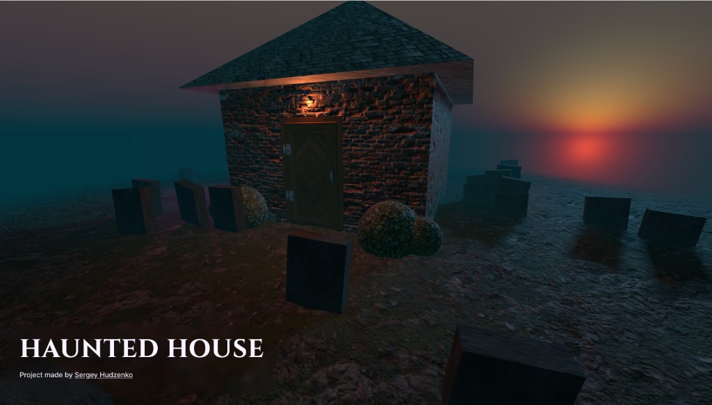 Haunted House — 3D scene at dusk with fog and a lit doorway