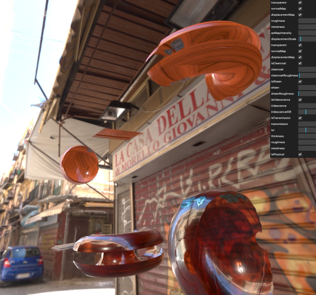 Materials lab — 3D shapes with wood and glass materials over an HDR street environment, with a parameter GUI