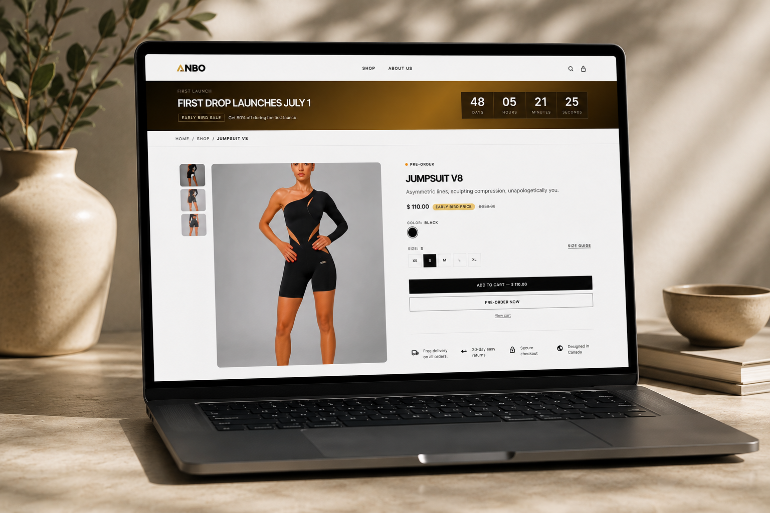 ANBO product page with pre-order state, early-bird pricing, and launch countdown