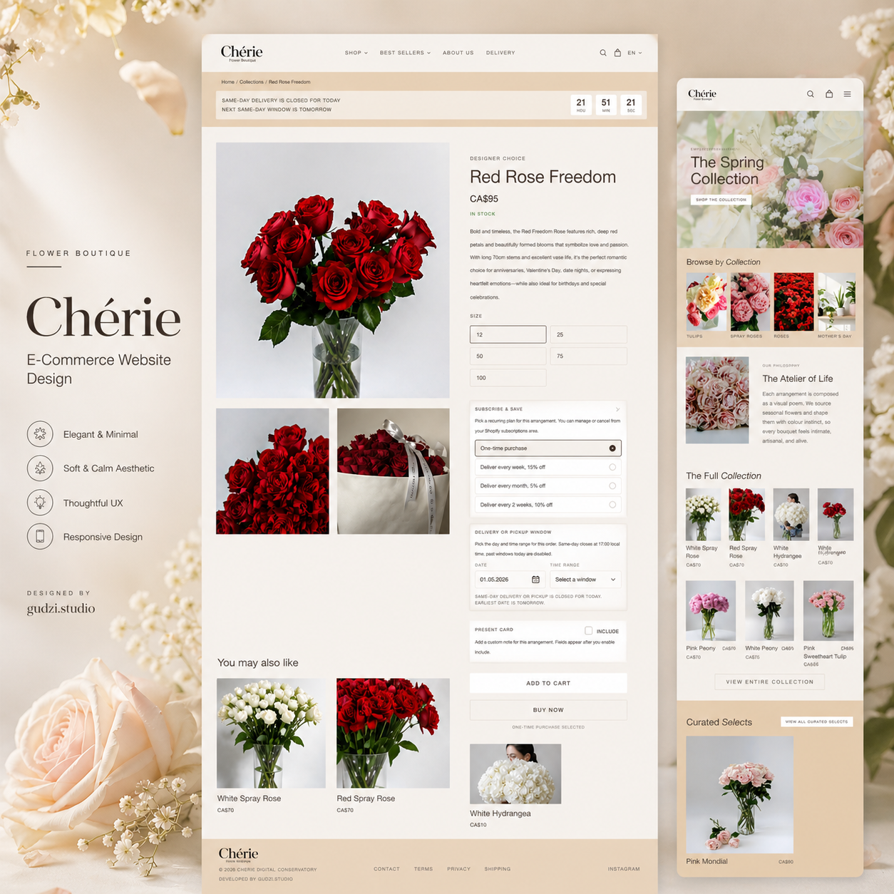 Cherie Flowers storefront in situ — premium floral ecommerce mockup