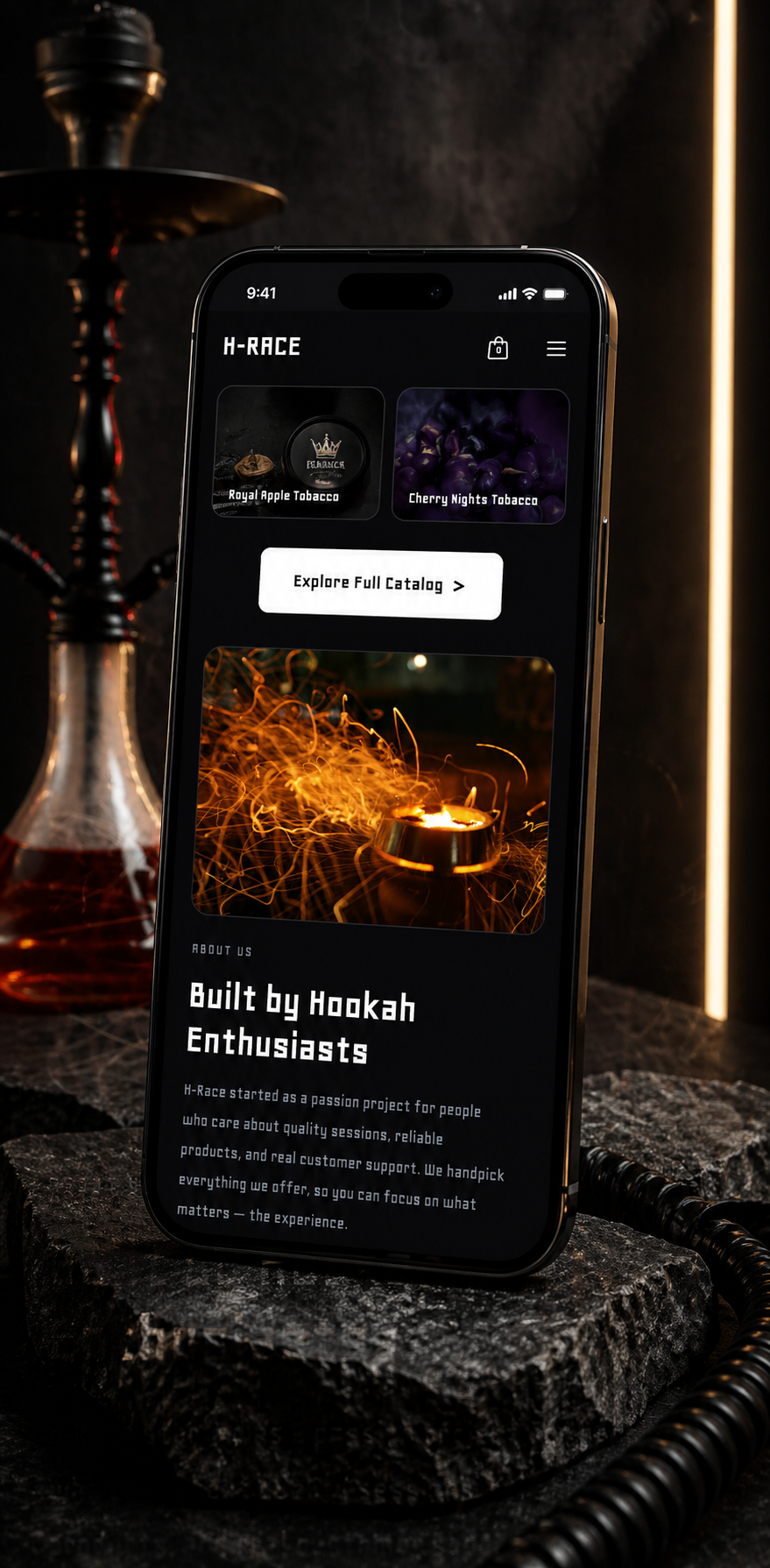 H-RACE mobile ecommerce interface for premium hookah catalog browsing
