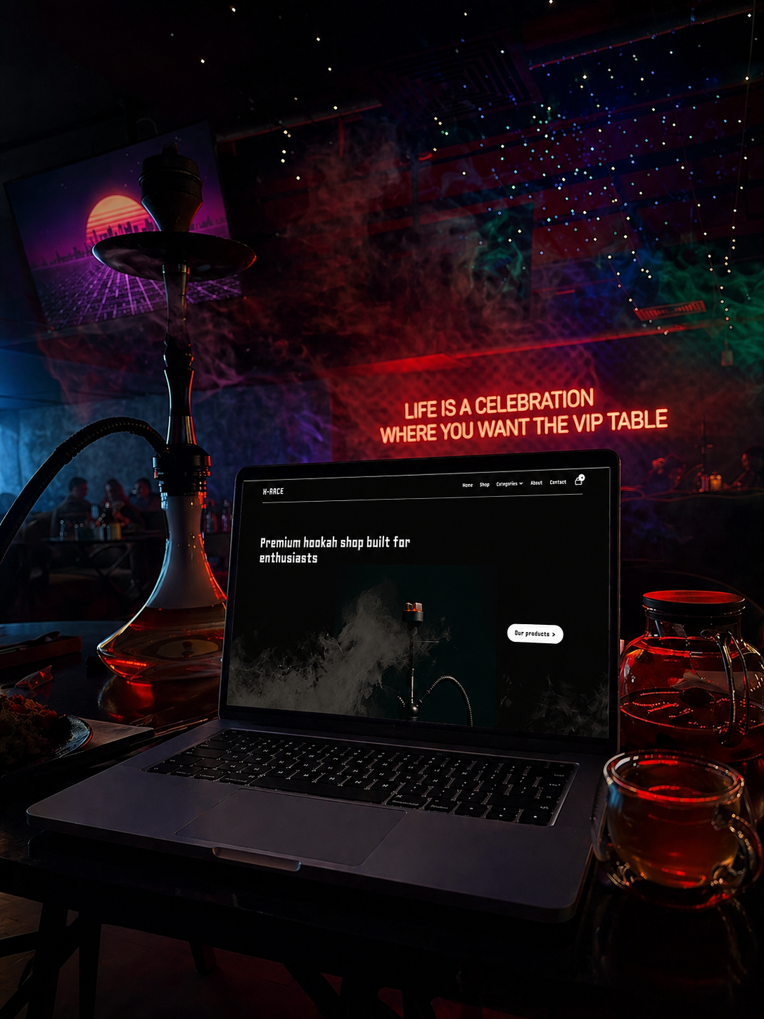 H-RACE hero storefront presented in premium atmospheric mockup