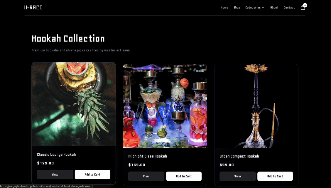 H-RACE product collection and add-to-cart flow in action